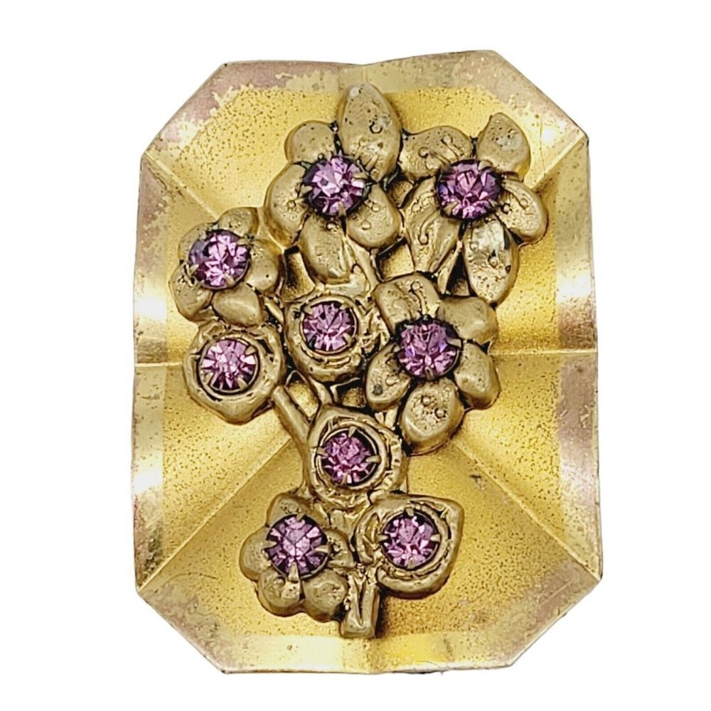 Vintage Brass Tone Flower Bouquet Brooch Amethyst Colored Rhinestones Rectangle